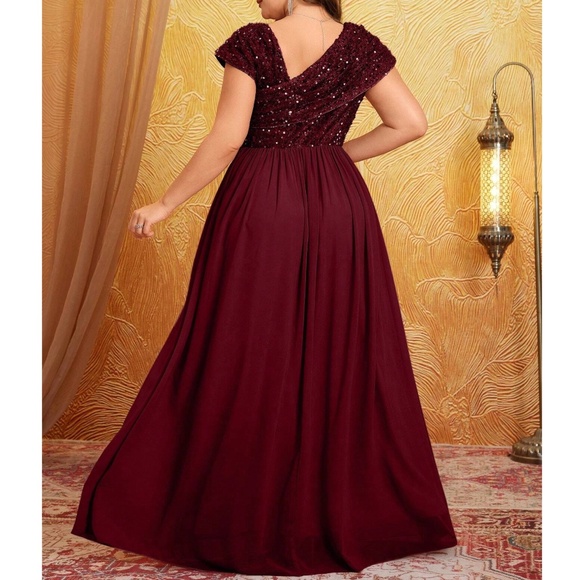 Plus Dusty Pink Sequin Flowy High Waisted Party Formal Wedding Dress - Picture 3 of 11